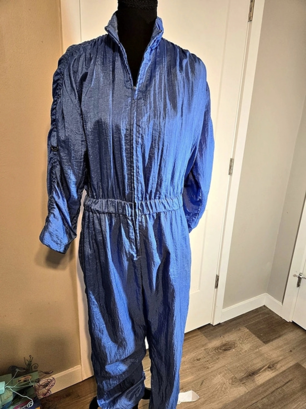 Vintage 80s Abraxas Shiny Nylon Jumpsuits Flight Suit Blue Ruched Sleeve S